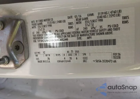 2016 Ford Escape Se from USA, damaged, VIN 1FMCU9GX6GUC45246